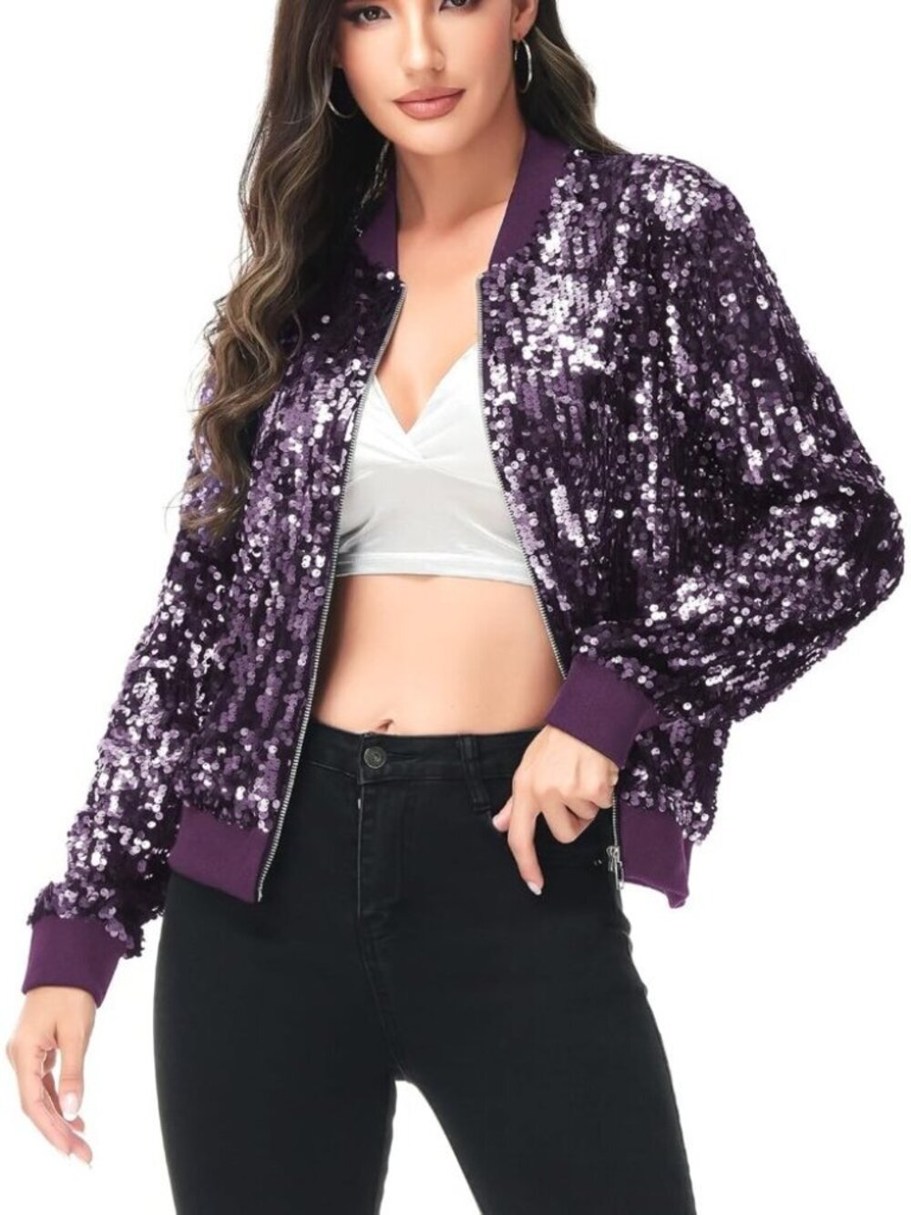 Brand New Women Purple Polyester Long Sleeve Front Zip Jacket Ribbed Cuffs